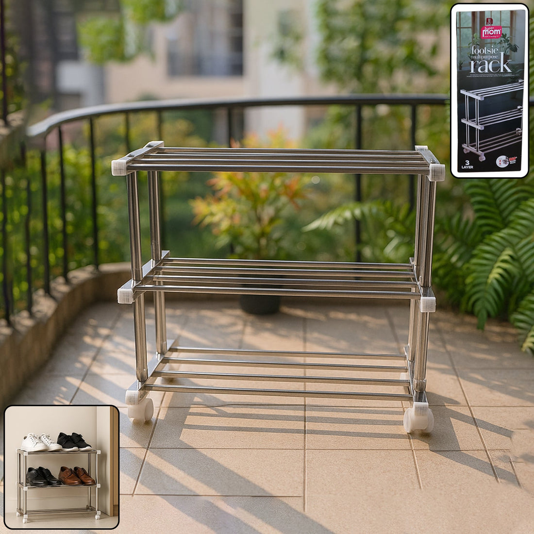 Compact 3-layer stainless steel shoe rack for multipurpose storage