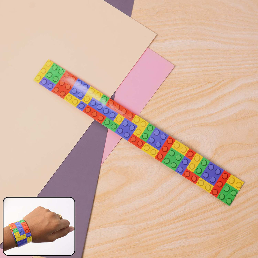 Vibrant multicolor brick pattern snap slap bracelet for kids wrist