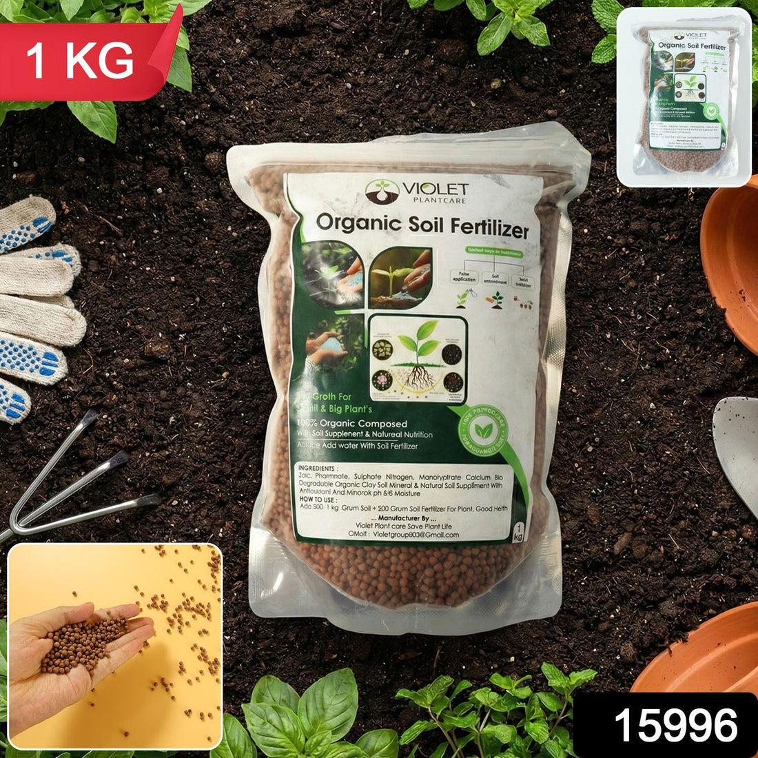 1 kg pack of red organic soil fertilizer granules enhancing soil fertility