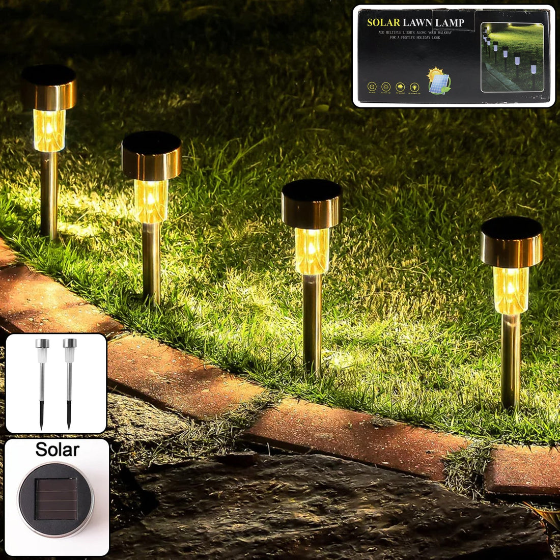 Solar lawn lamp set of 12 stainless steel outdoor lights illuminating garden pathways