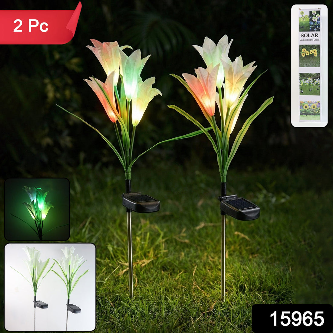 Set of two solar garden flower lights glowing with multicolour LEDs in outdoor setting