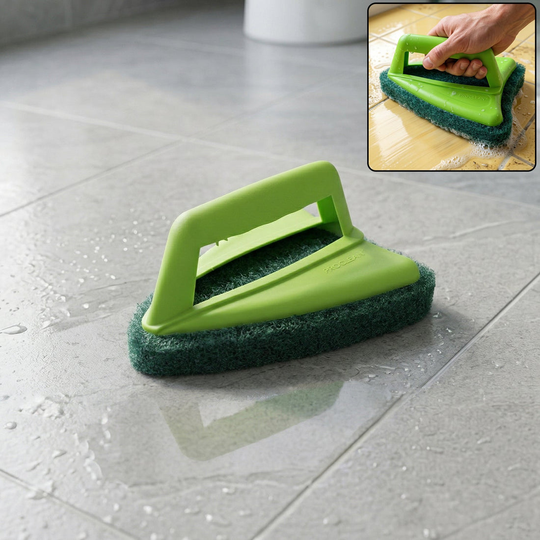 Front view of the Pro Clean Bathroom Tile Scrubber with abrasive head and handle.