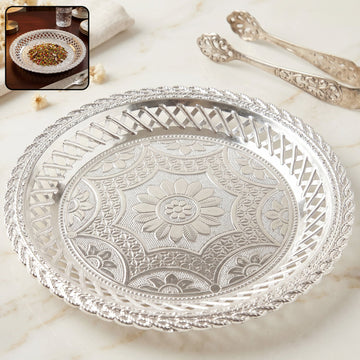 Decorative silver serving tray round floral