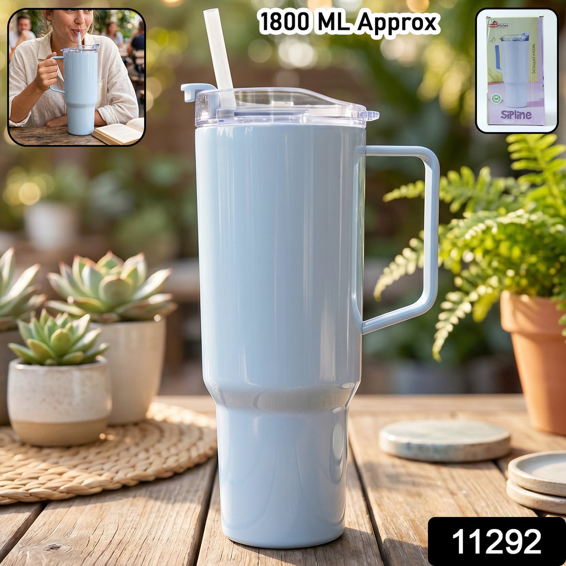 Large 1800ml insulated travel tumbler with handle and straw lid
