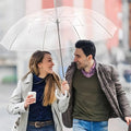 Open transparent dome umbrella displaying metal shaft and reinforced ribs