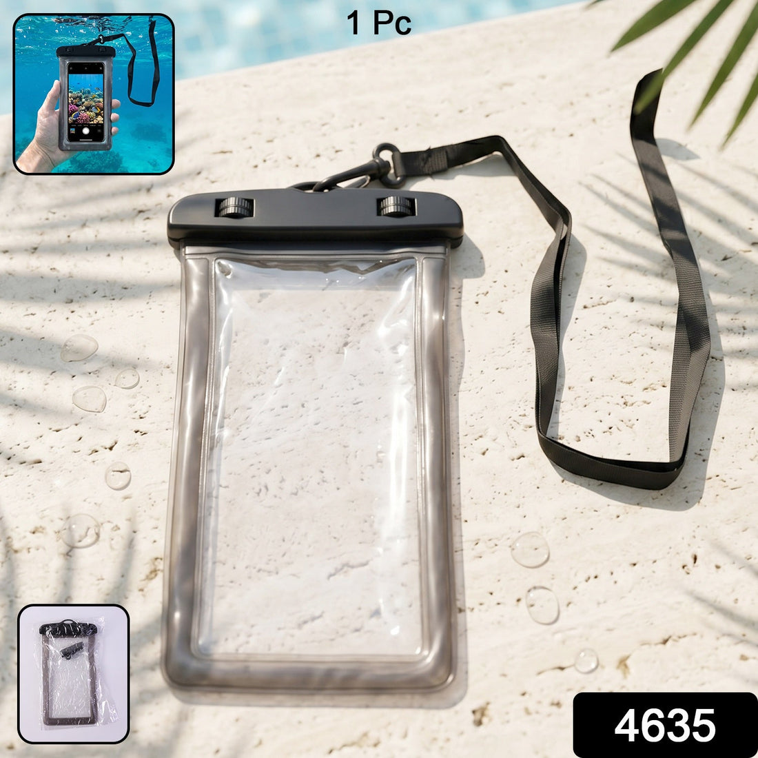 Main view of black waterproof mobile pouch with lanyard