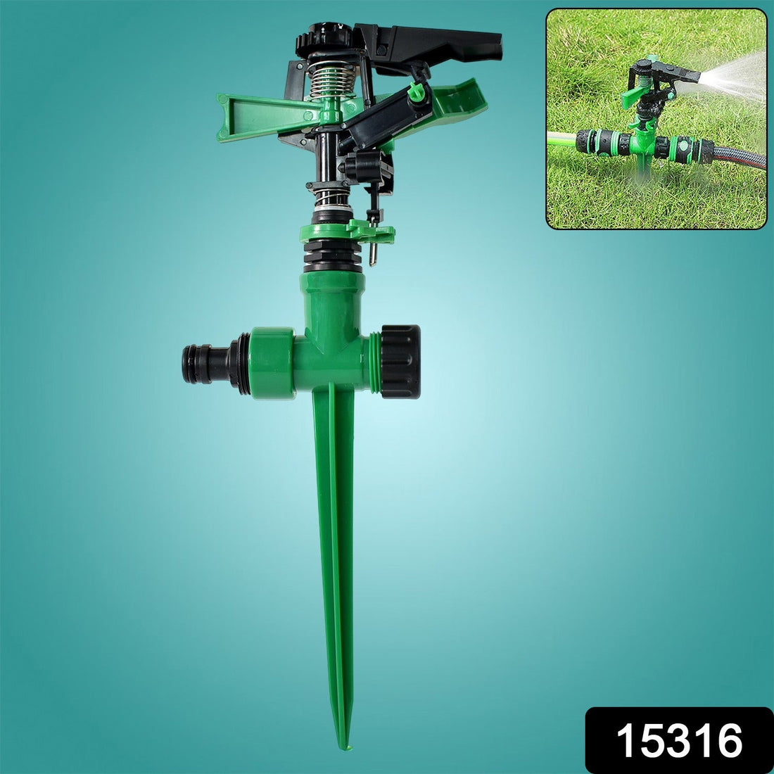 360-degree rotating garden impact sprinkler with spike base for wide lawn irrigation