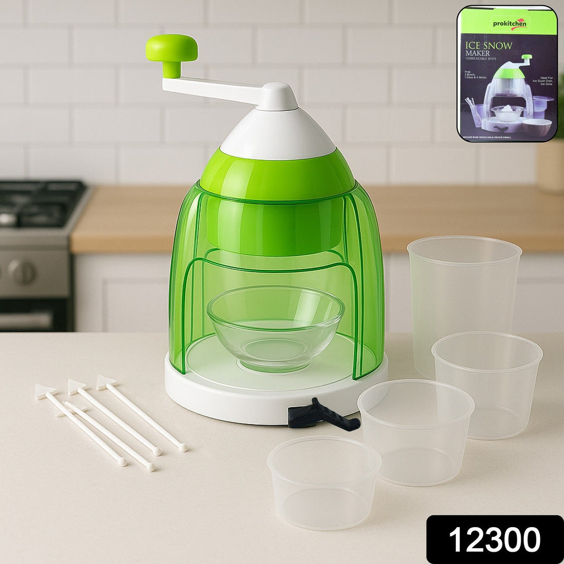 Manual ice crusher with hand crank and party accessories making crushed ice