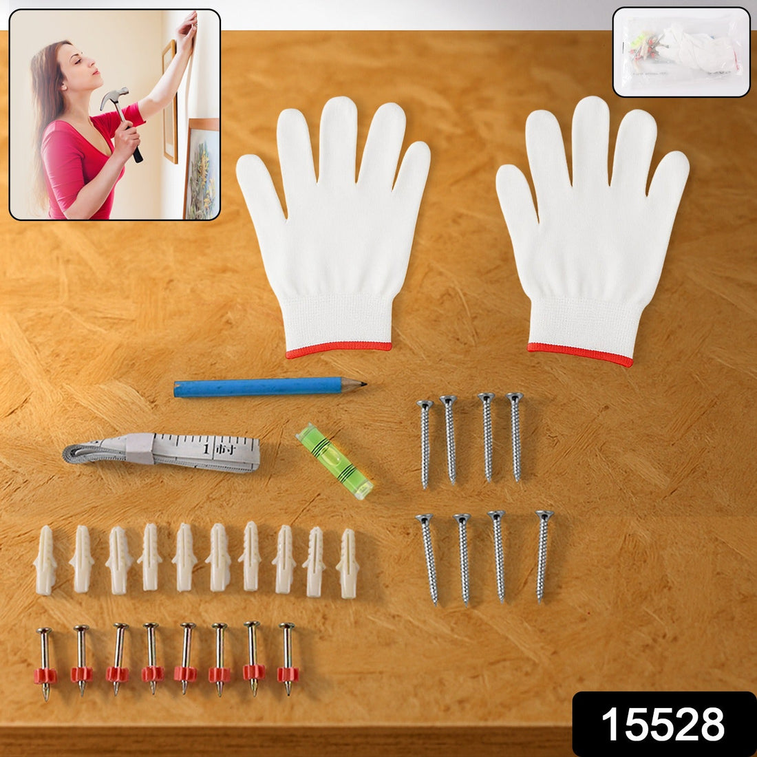 DIY Wall Mounting Kit with safety gloves, screws, spirit level, and measuring tape laid out