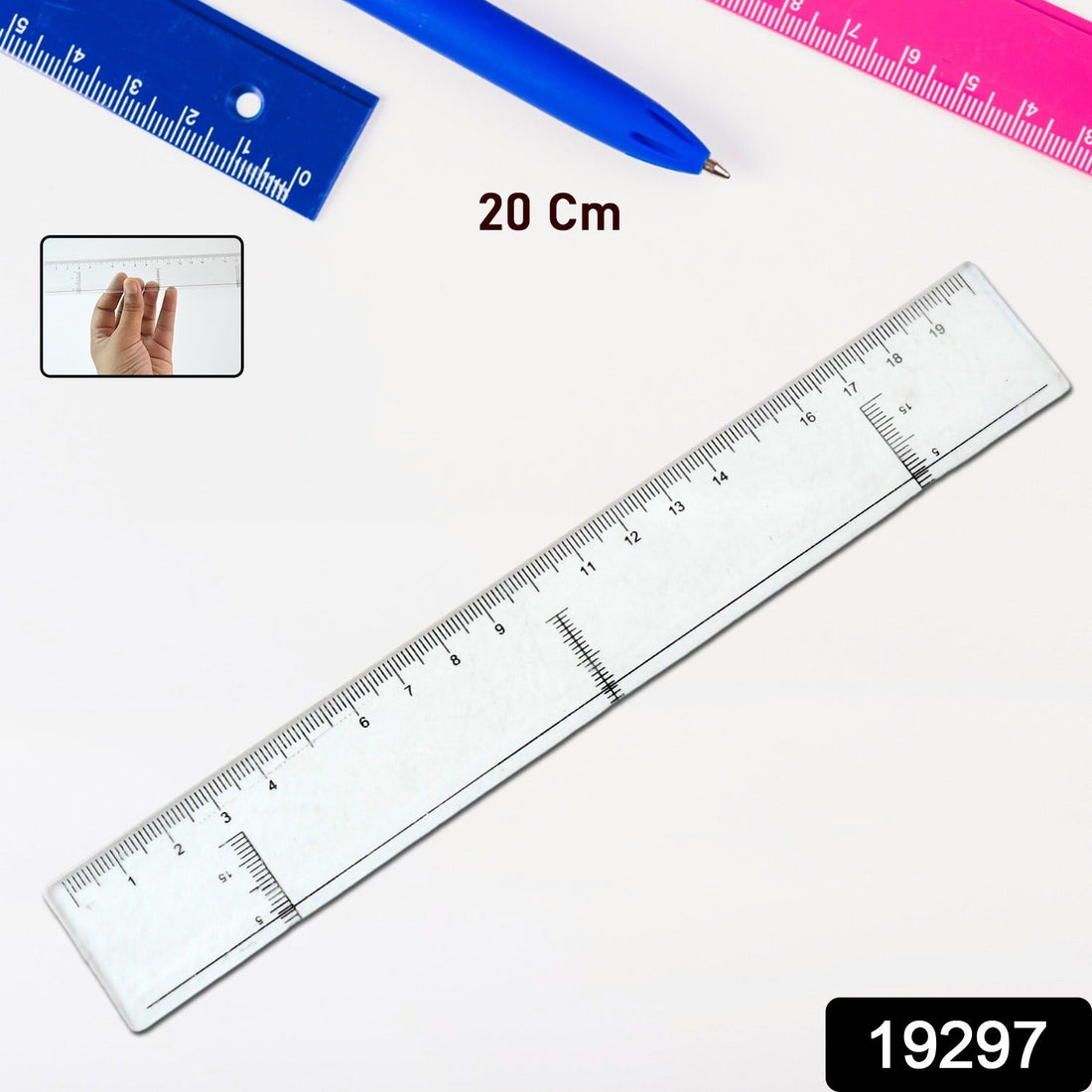 20 cm transparent plastic ruler showing clear dual scale markings