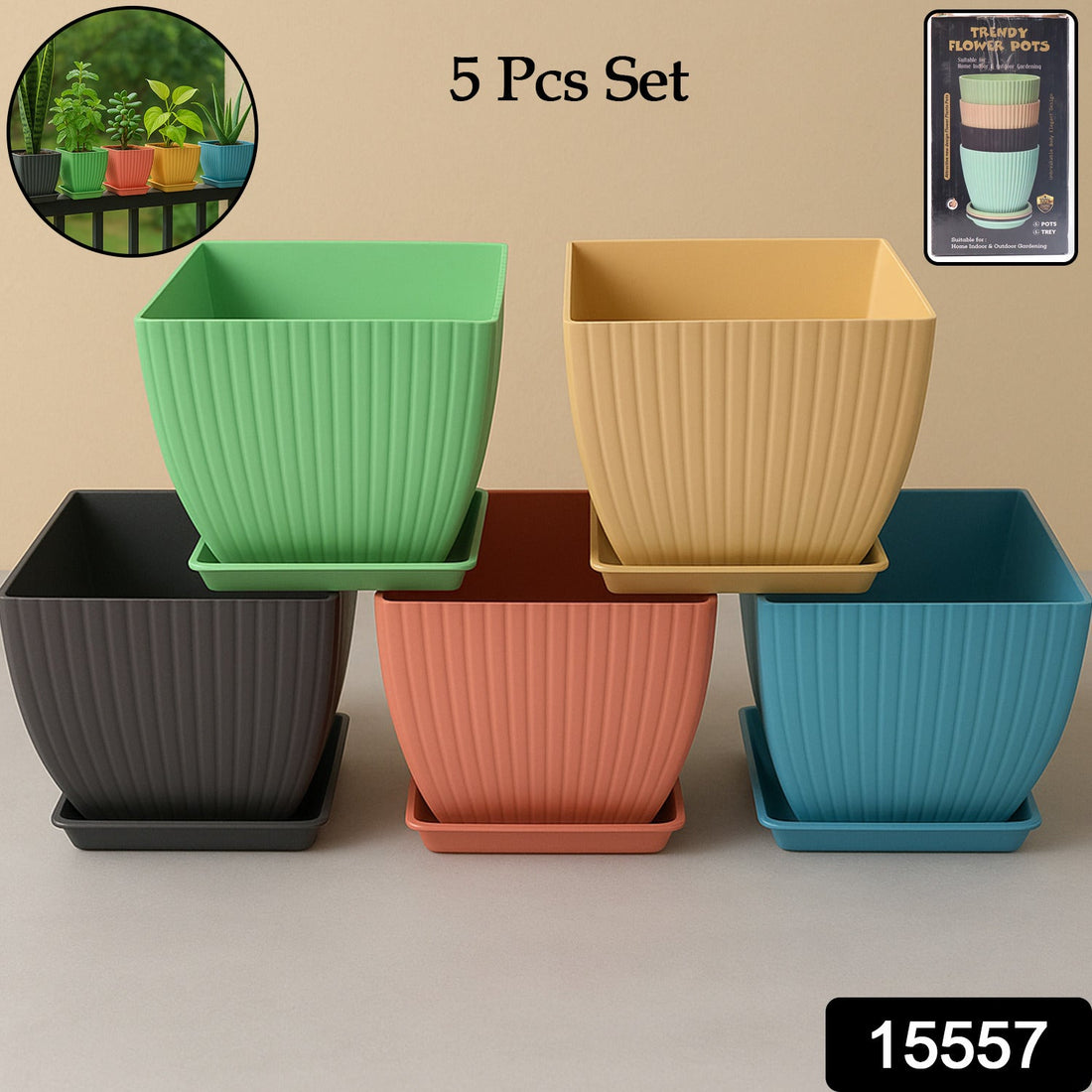 Set of 5 square plastic flower pots with removable trays in assorted colors for indoor gardening