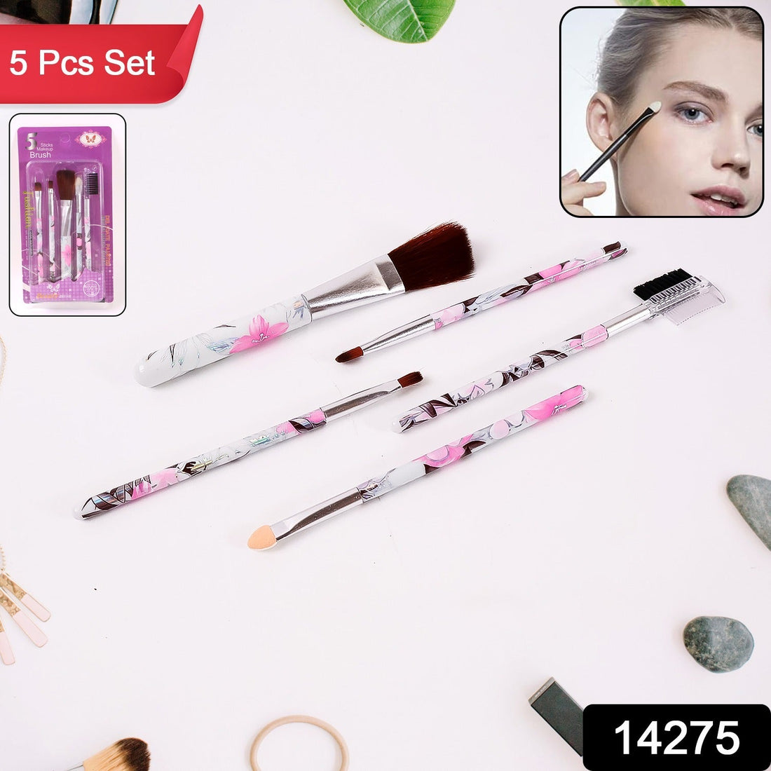 5-piece floral makeup brush set for face, eyes, and lips