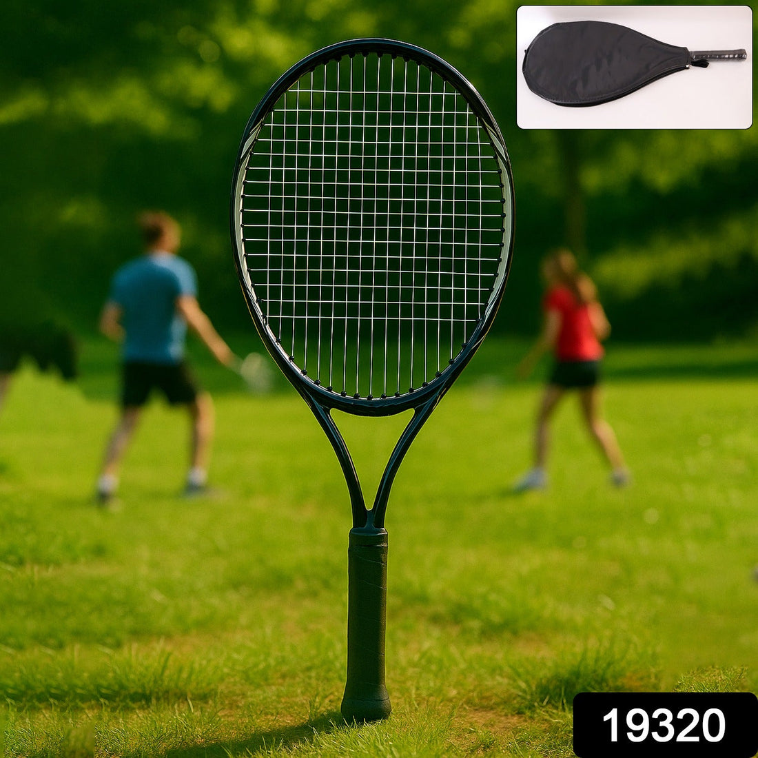 Lightweight tennis racket with full zippered cover shown from front view