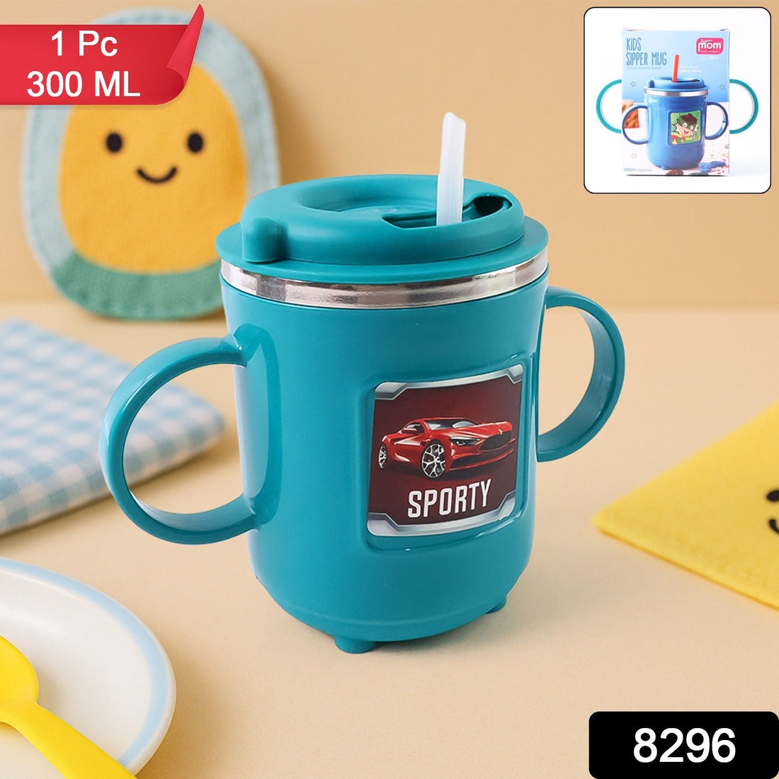 Kids Sporty Sipper Mug with cartoon car print and dual handles