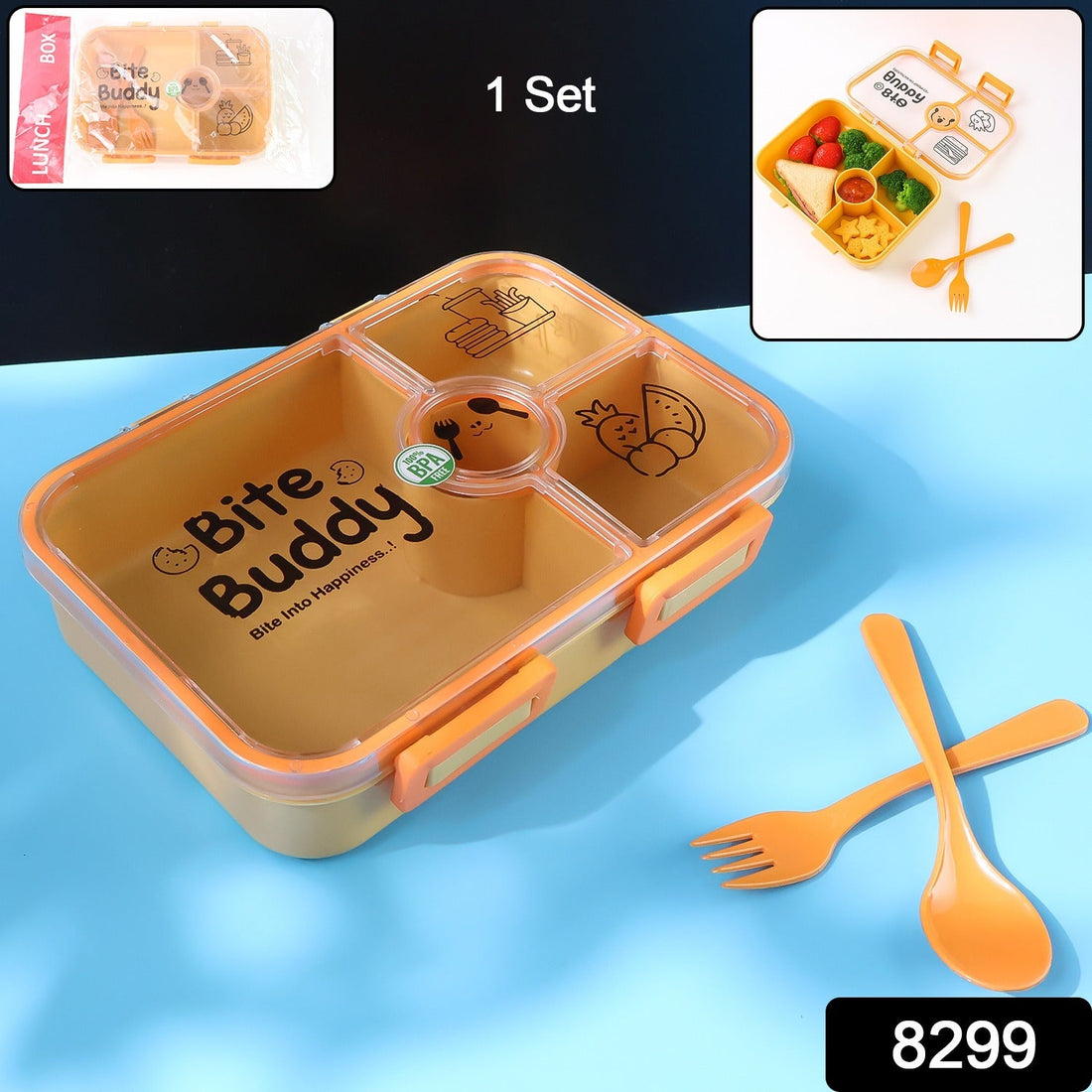 4-compartment leak-resistant lunch box with included spoon and fork