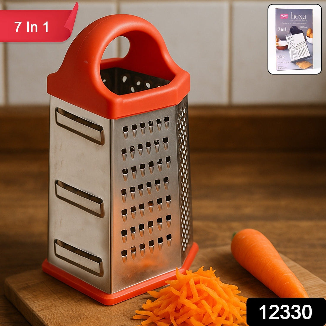 7-in-1 stainless steel box grater with multiple grating surfaces and ergonomic handle