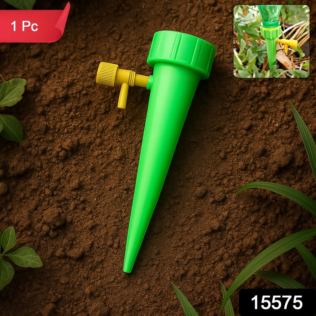 Plant Watering Spike gently watering potted plants in garden