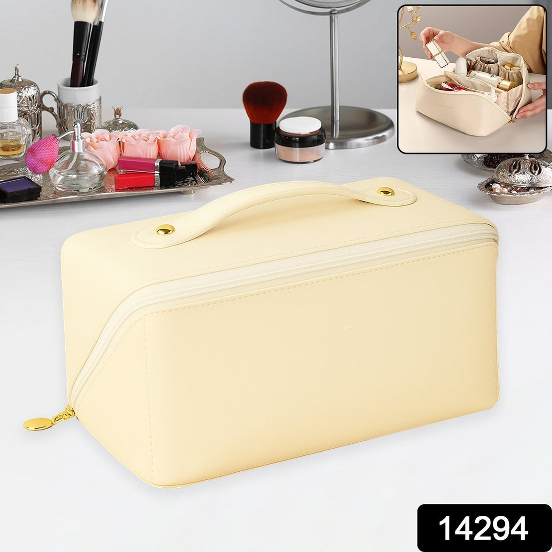 Cream-colored waterproof travel makeup organizer pouch with zipper and carry handle