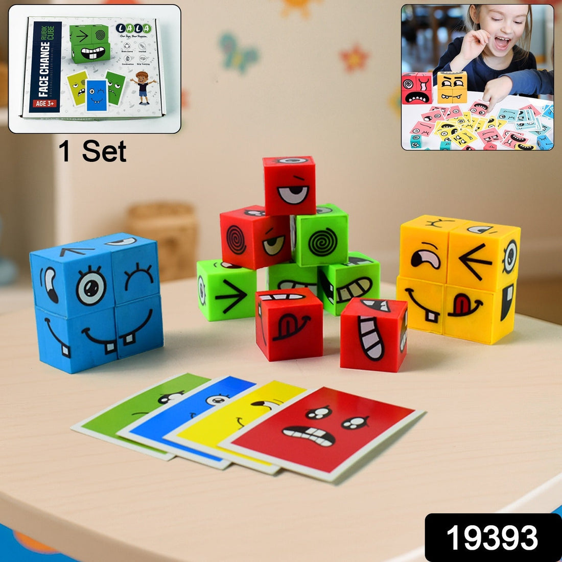 Educational emotion puzzle cube with colorful face expression blocks