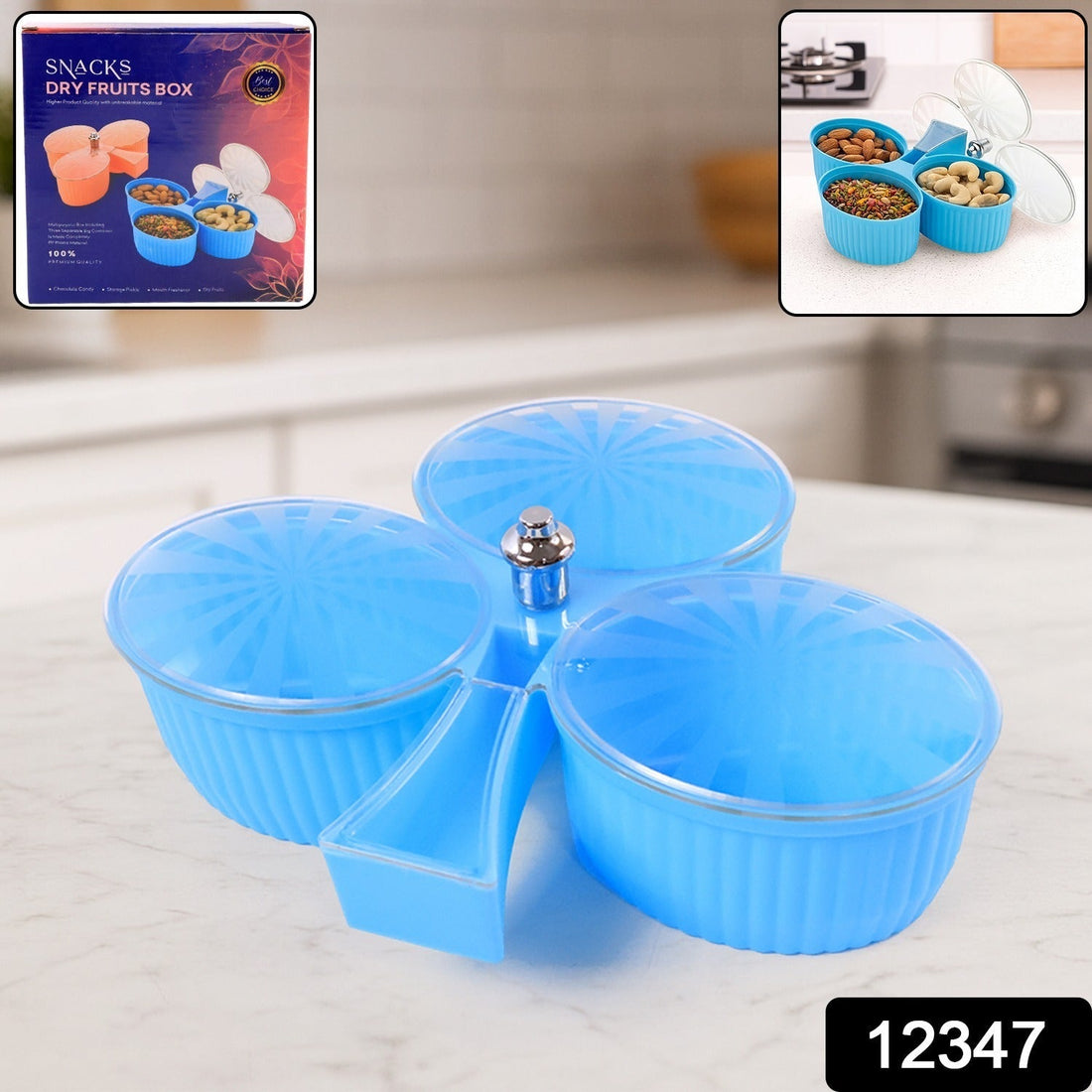 3-compartment revolving dry fruit box with handle in blue