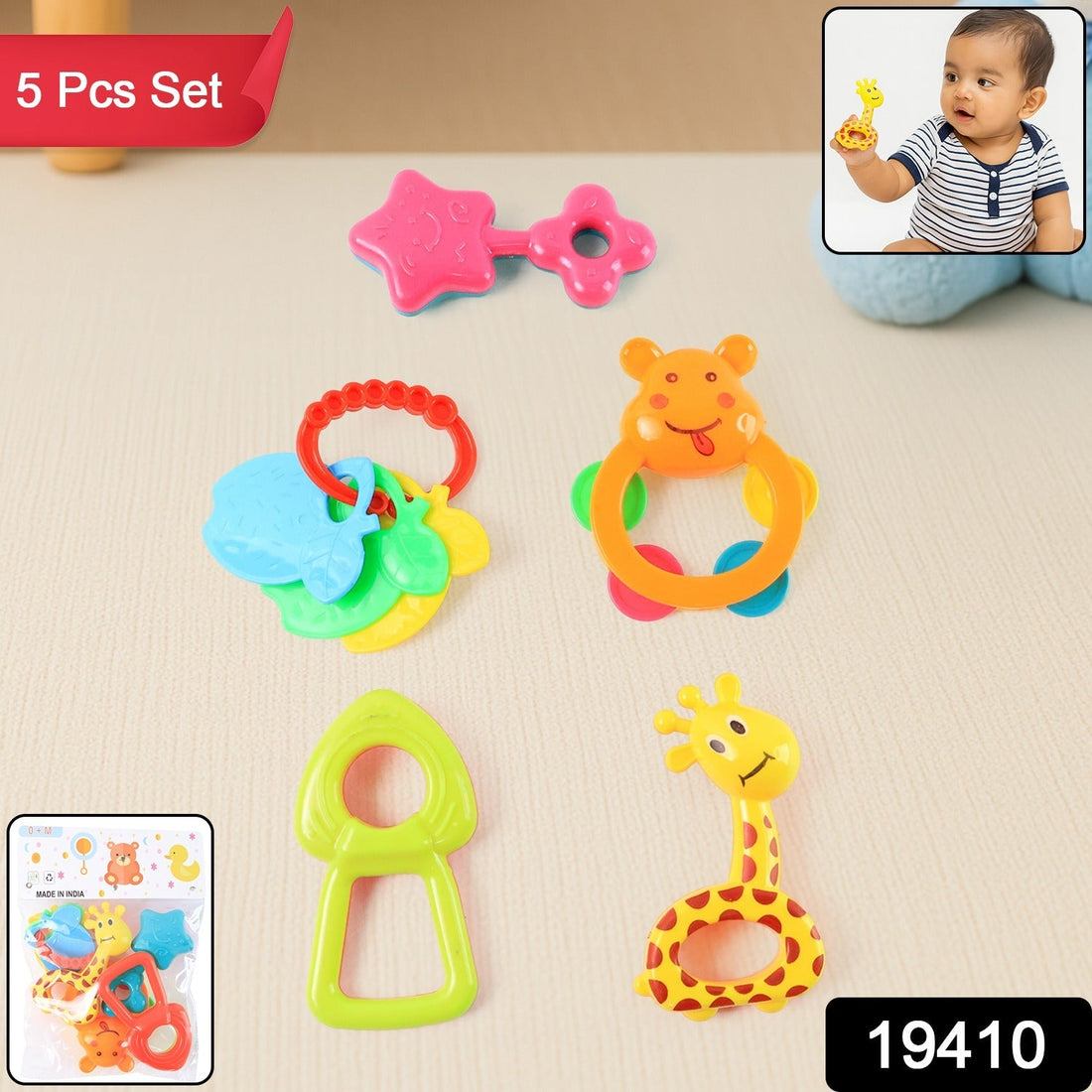 Colorful baby rattle toys set with five pieces for infant sensory play