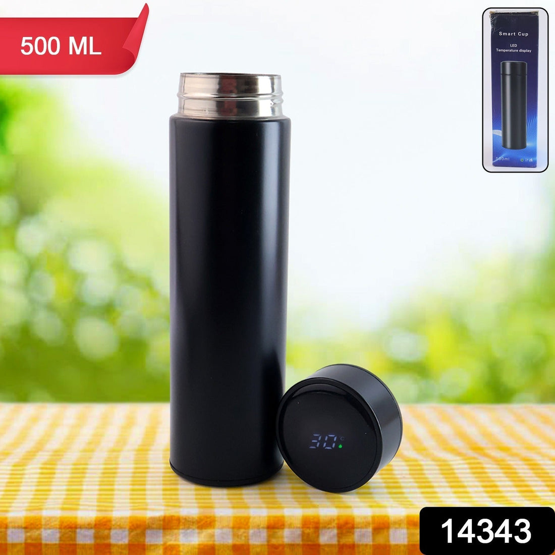 500ML black vacuum insulated water bottle with LED temperature display on lid