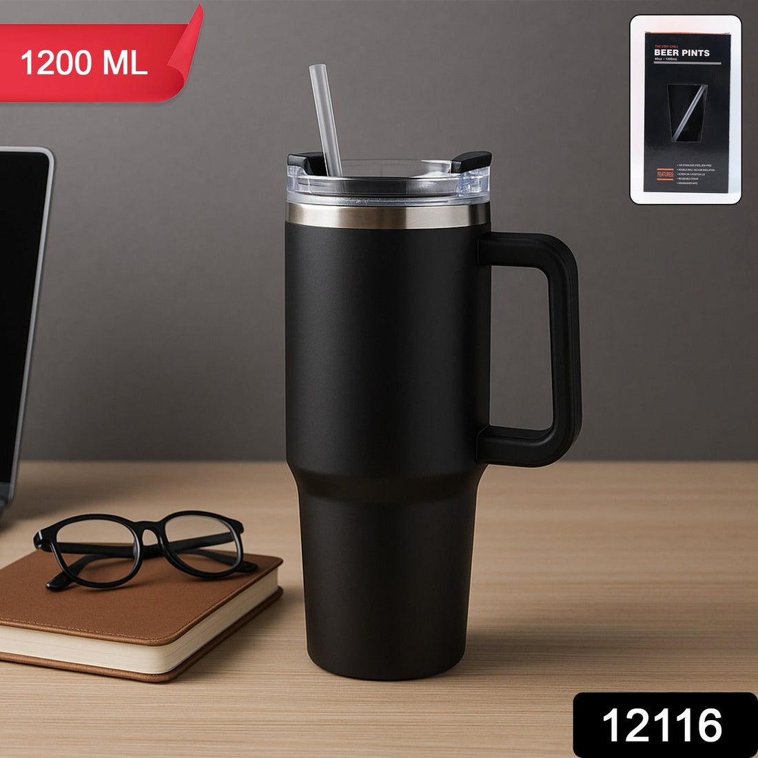 1200ML stainless steel insulated travel mug with ergonomic handle and spill-resistant lid