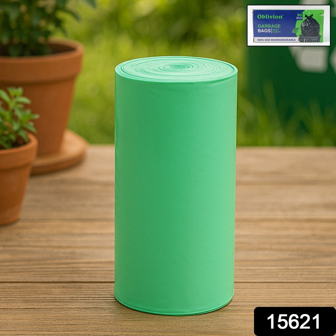 Green compostable garbage bags made from sustainable corn starch measuring 17 by 19 inches.