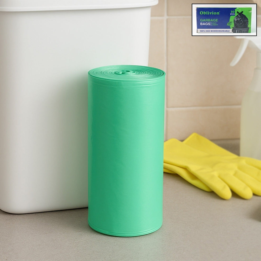 Green biodegradable garbage bag rolls for eco-friendly household waste disposal
