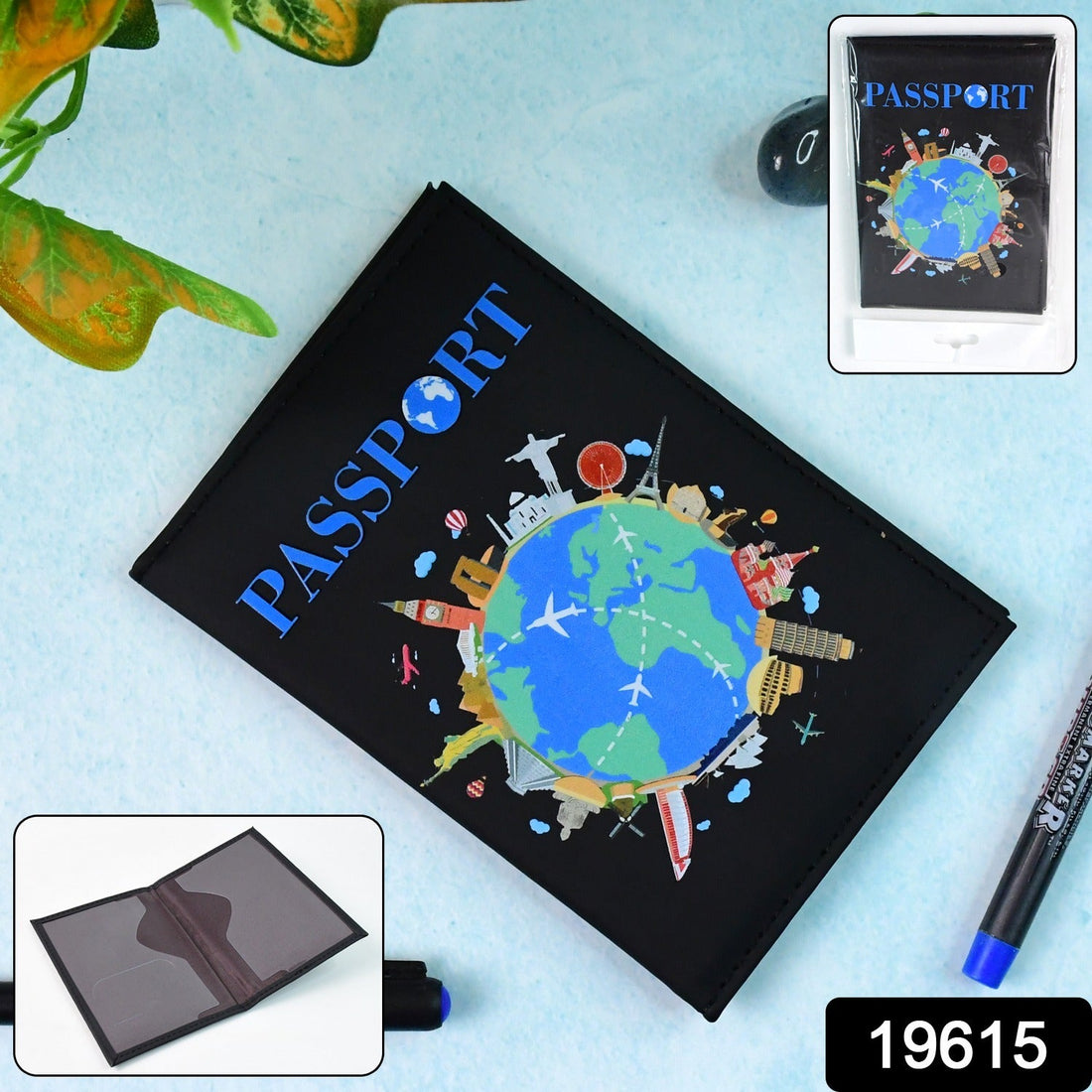 World Map Passport Holder Cover with vibrant global landmarks print
