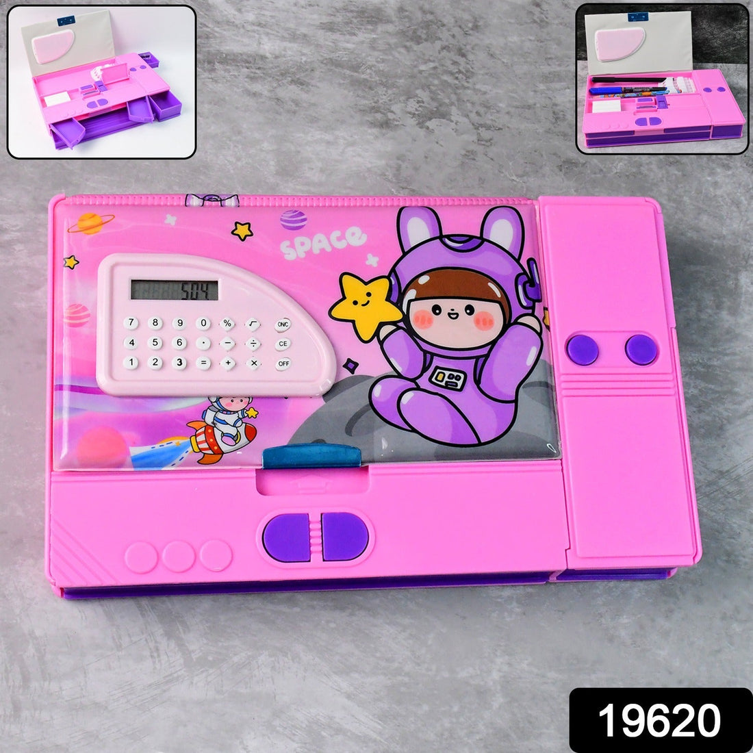 Space theme pencil box with built-in calculator, vibrant astronaut design