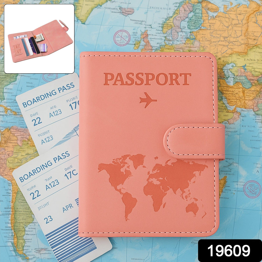 Travel passport holder featuring elegant embossed world map design