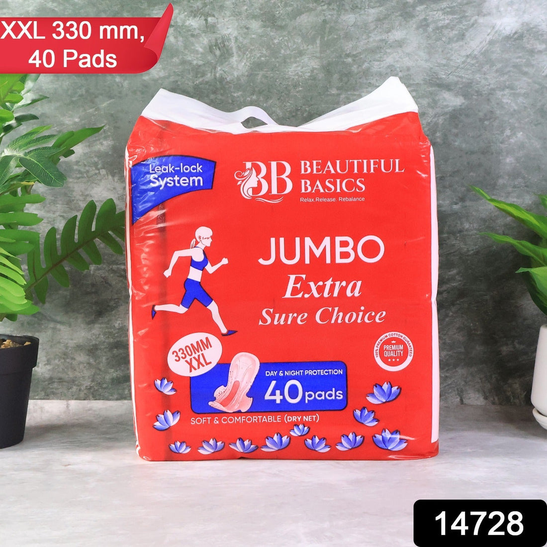 Beautiful Basics XXL sanitary pads 330mm in 40-count jumbo pack for heavy flow protection.