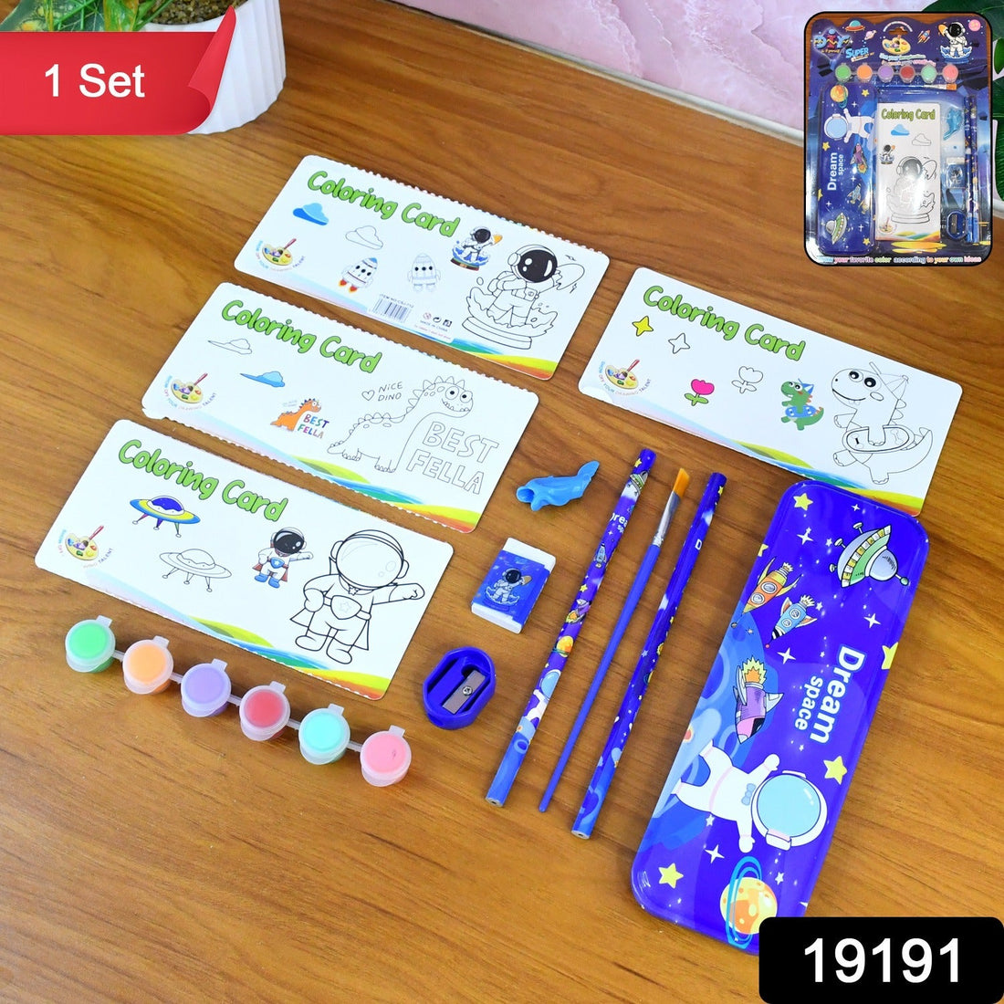 Space theme kids stationery set with coloring cards and art supplies