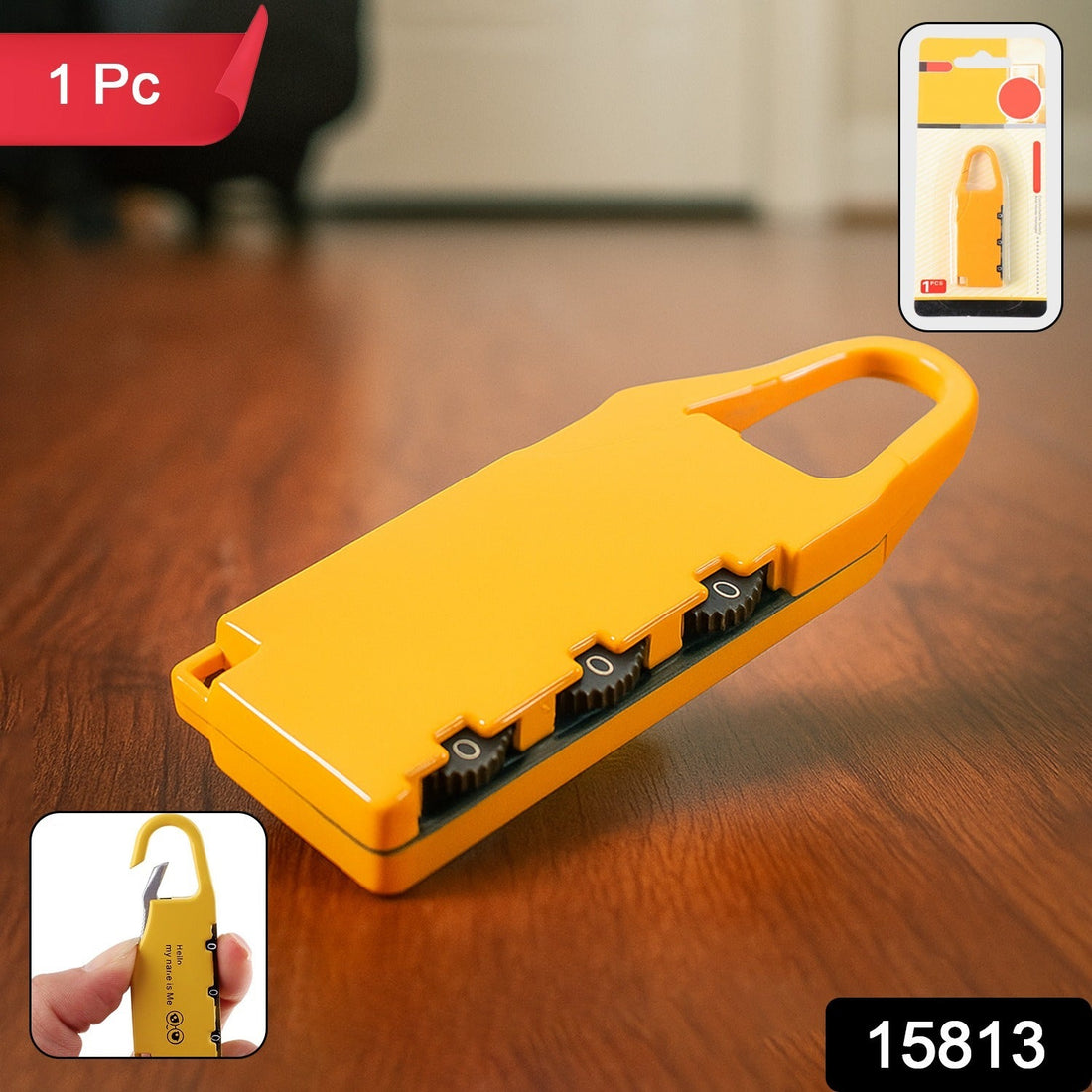 Portable 3-digit combination lock with carabiner for keyless security.