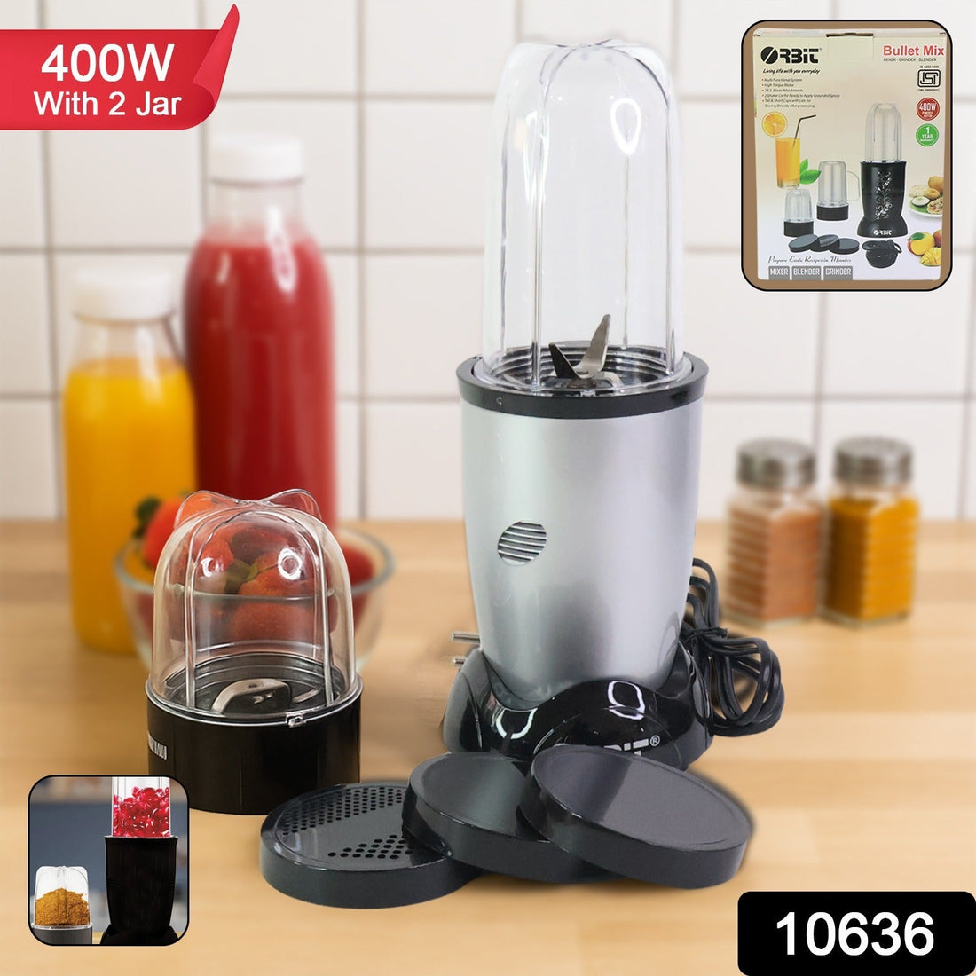 Orbit 400W multi-purpose bullet mixer with two jars for blending and grinding