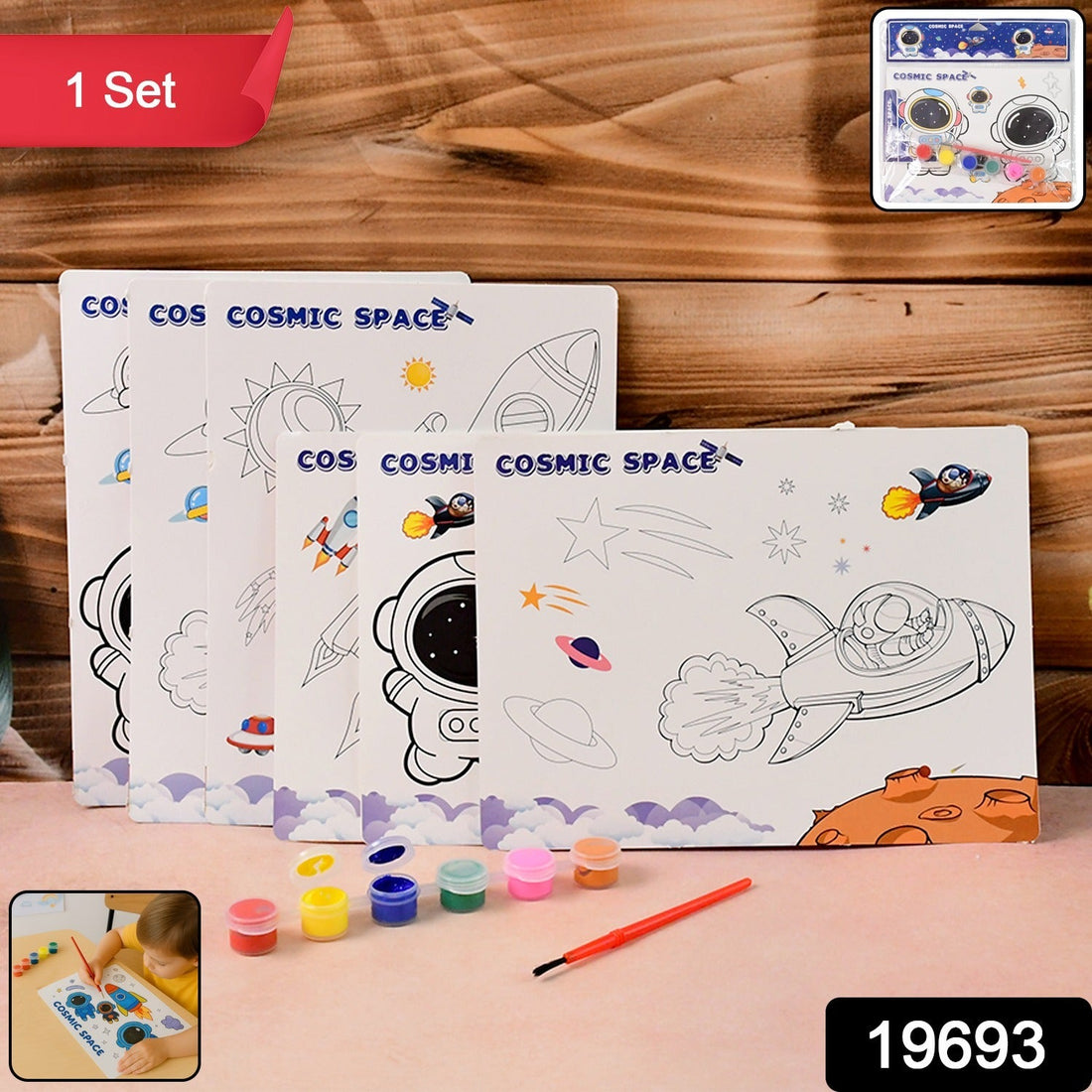 Kids painting and coloring kit with cosmic space theme featuring rockets and planets