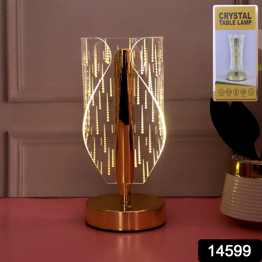 Elegant crystal-effect LED table lamp illuminating bedside table