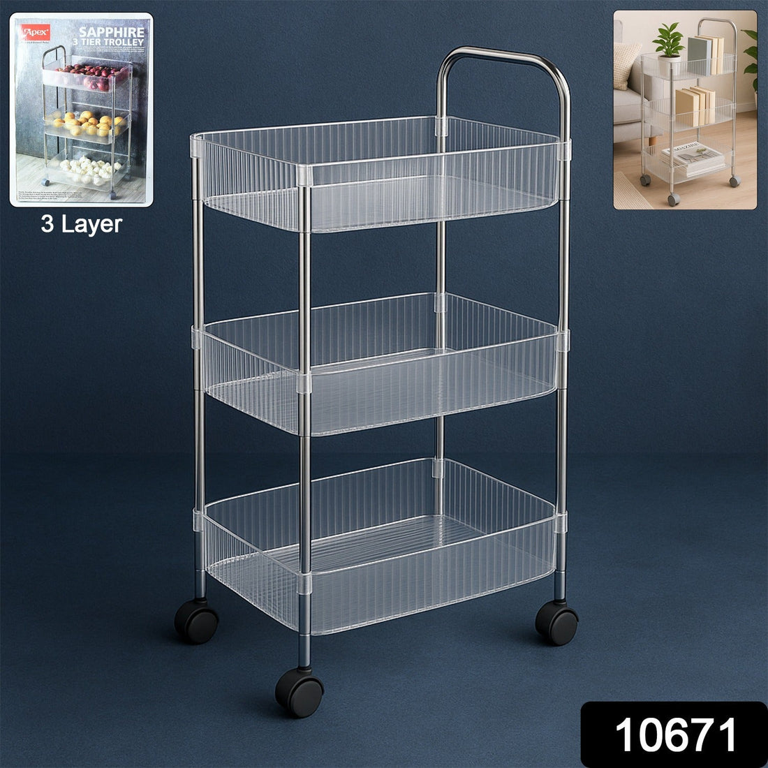 3-layer storage trolley with wheels and transparent baskets