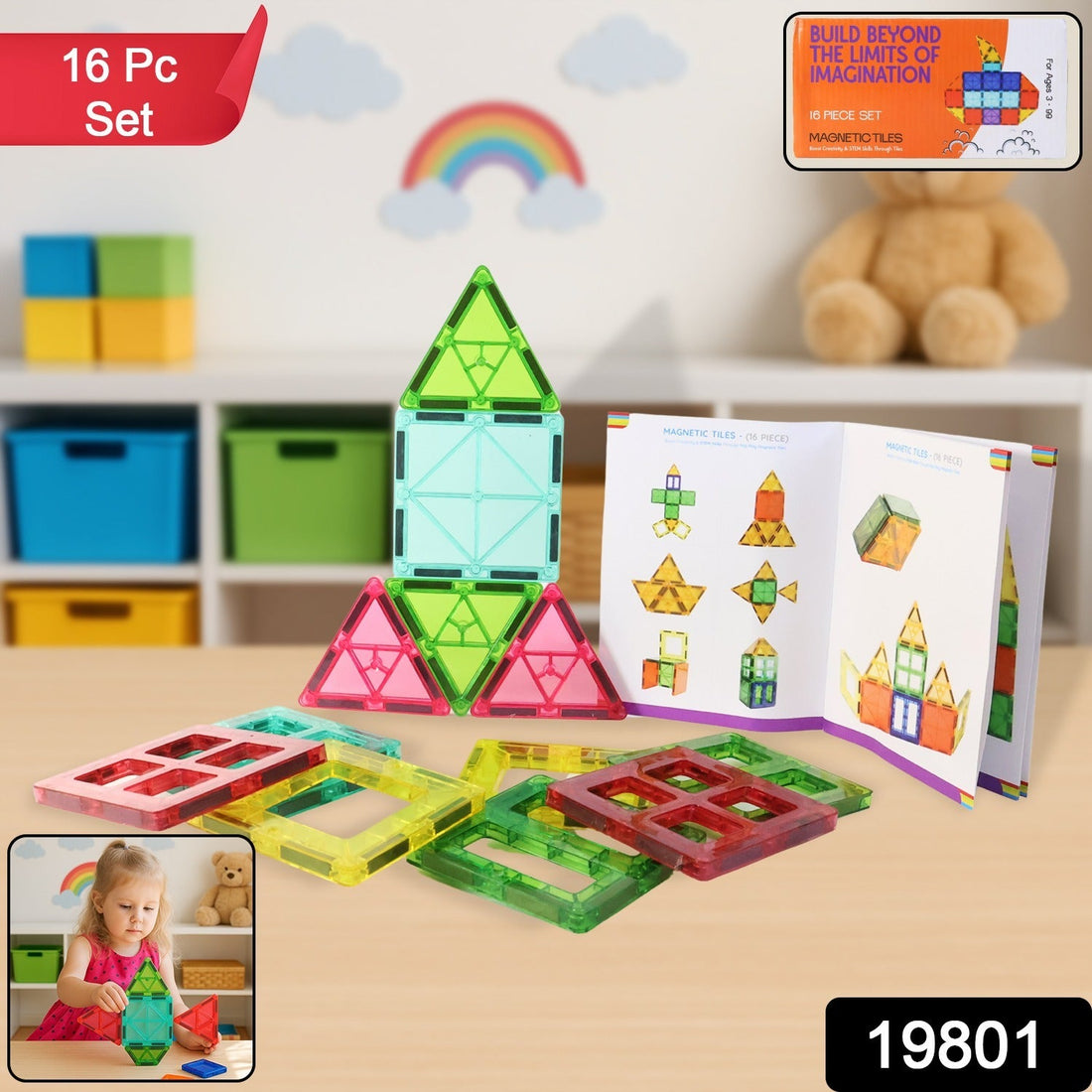 16-piece magnetic building tiles in colorful transparent squares and triangles