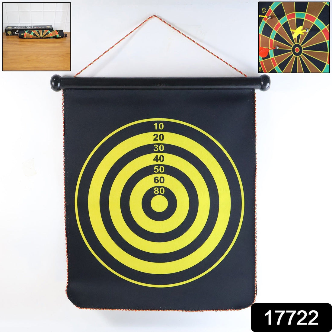 Roll-up double-sided dartboard game showing portable hanging target mat