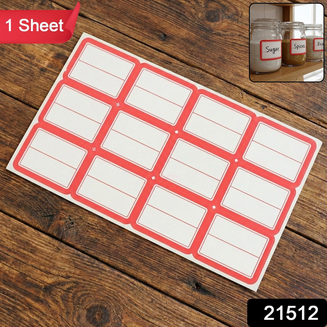 Red and white rectangular self-adhesive label sticker sheet on white background