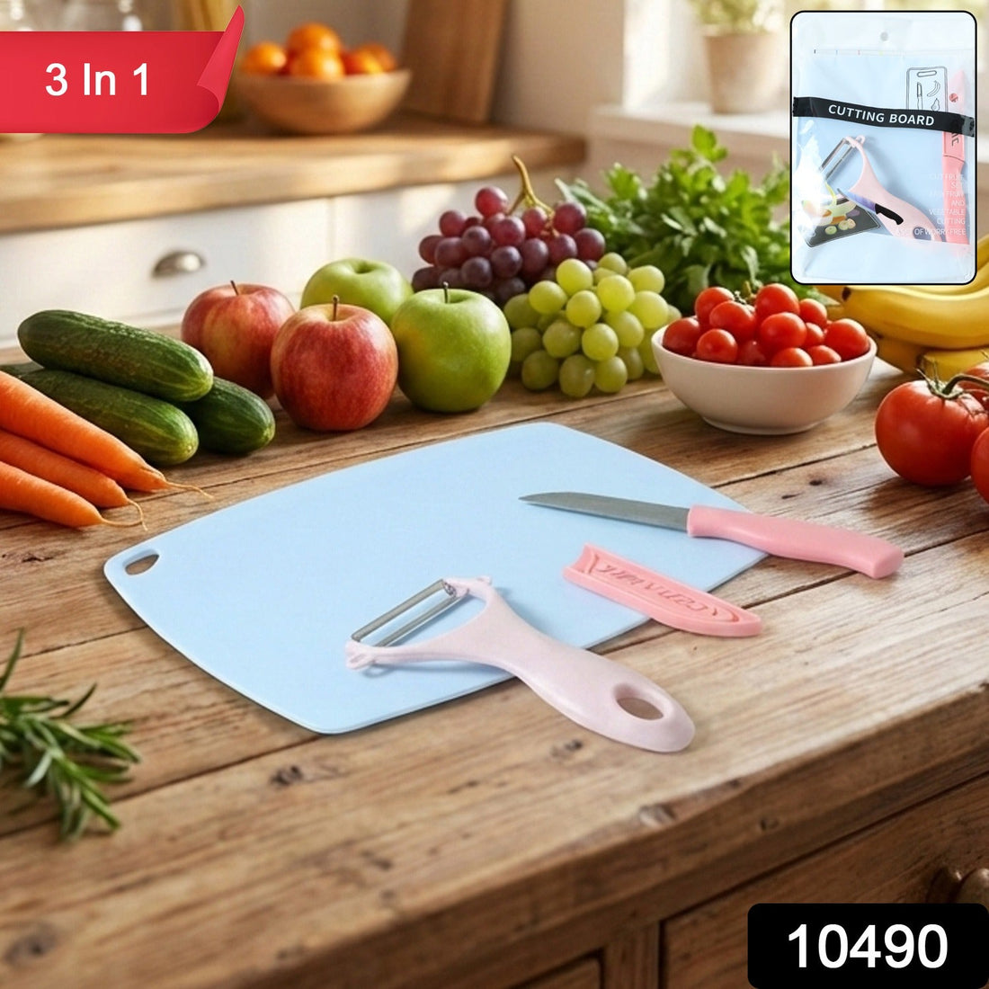 3-in-1 fruit and vegetable cutting board set with knife and peeler