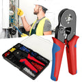 Open ferrule crimping tool kit displaying ratchet plier and color-coded ferrules