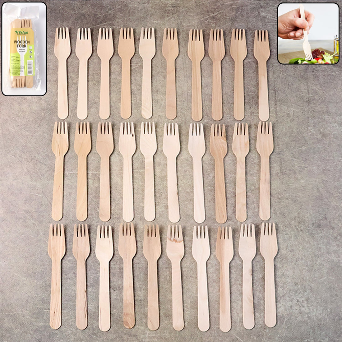 Pile of Freshee 160mm wooden forks made from birchwood