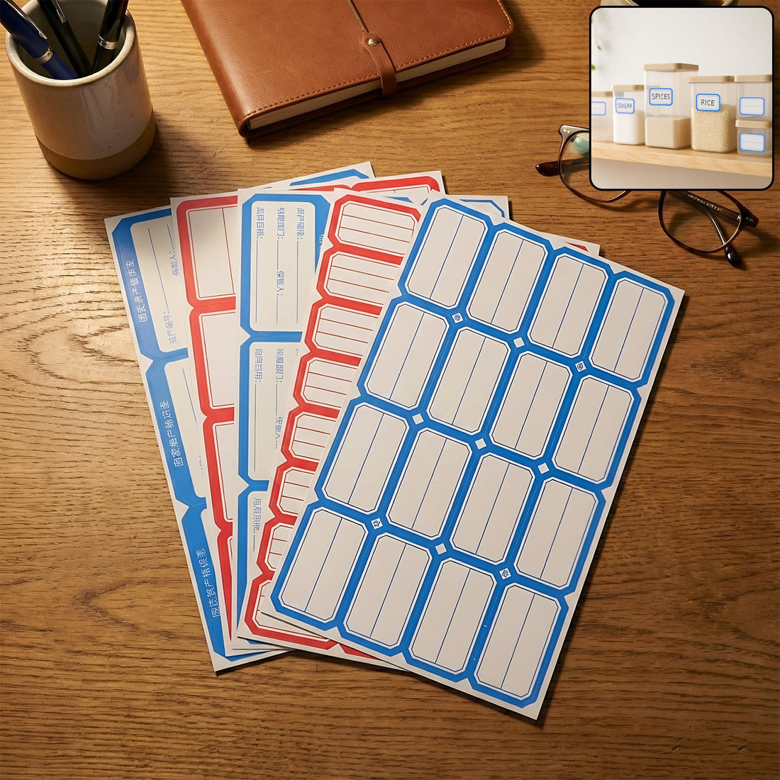 Writable label stickers on spice jars and kitchen storage containers for home organization