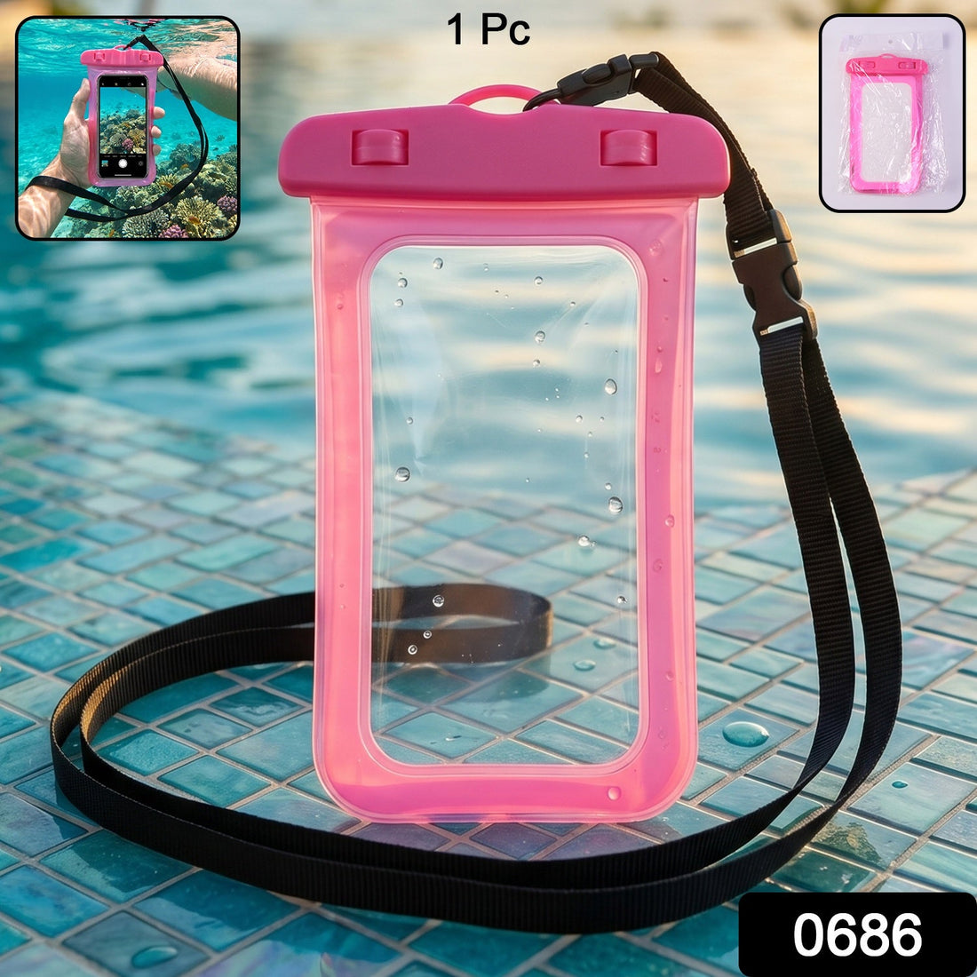 Pink waterproof mobile pouch cover with transparent front and back for phones up to 7"