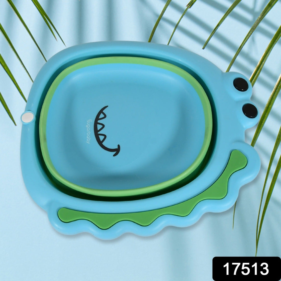 Front view of the adorable frog-shaped foldable baby wash basin, ready for use.