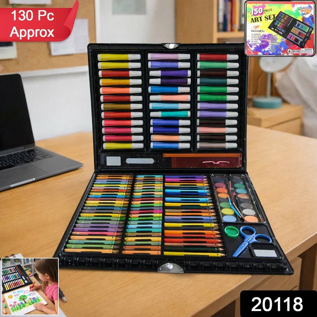 Complete 130-piece art and drawing color kit with sketch pens and crayons