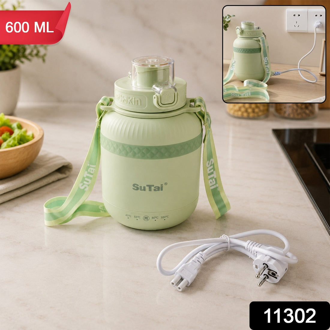 Portable electric kettle 600ml, travel water boiler bottle with temperature control (1 pc)